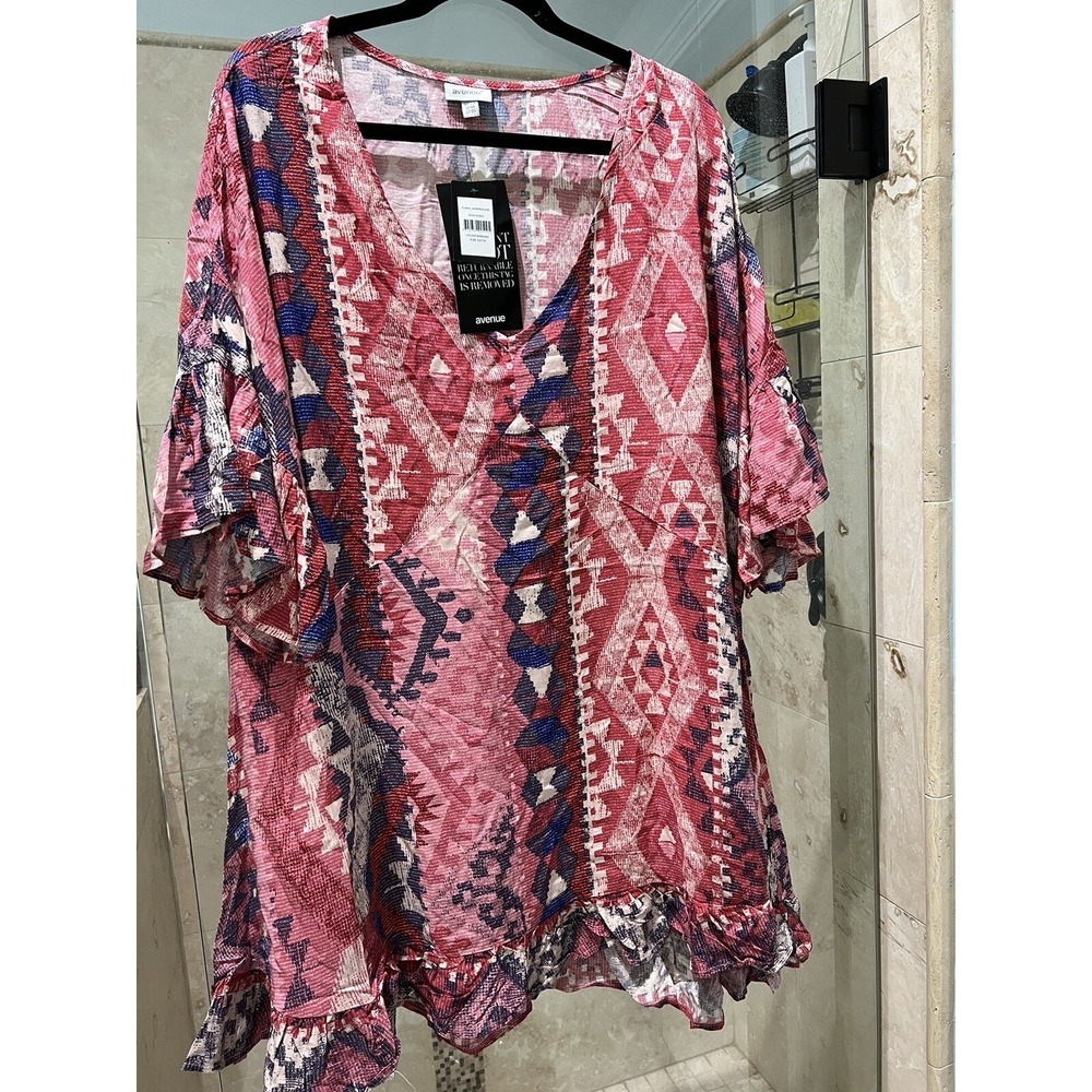 NWT Avenue Harper Tunic Top Bell Sleeve Aztec Pink Red Women Plus 22/24